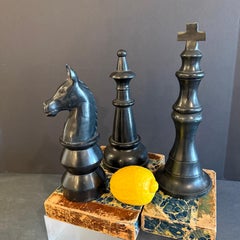 Three Large Oversized Vintage Black Marble Chess Pieces Sculptures