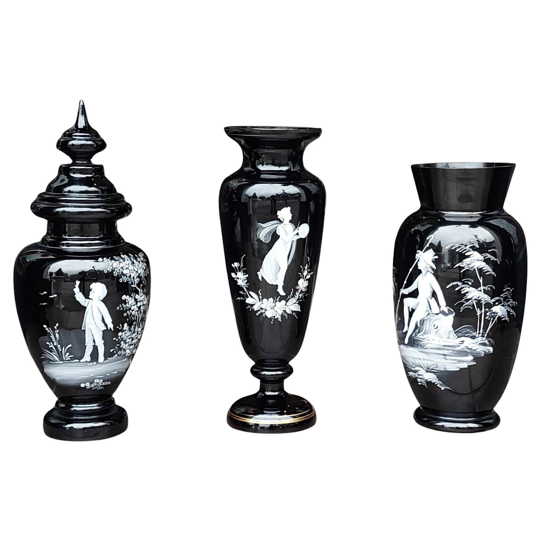 Three Large Pieces of 19thC Glass by Mary Gregory For Sale