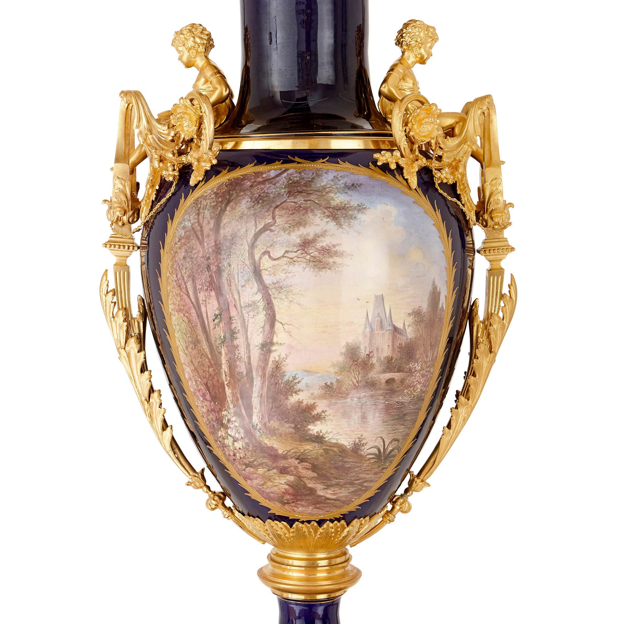 French Three Large Sèvres Style Porcelain Vases with Gilt Bronze Pedestals