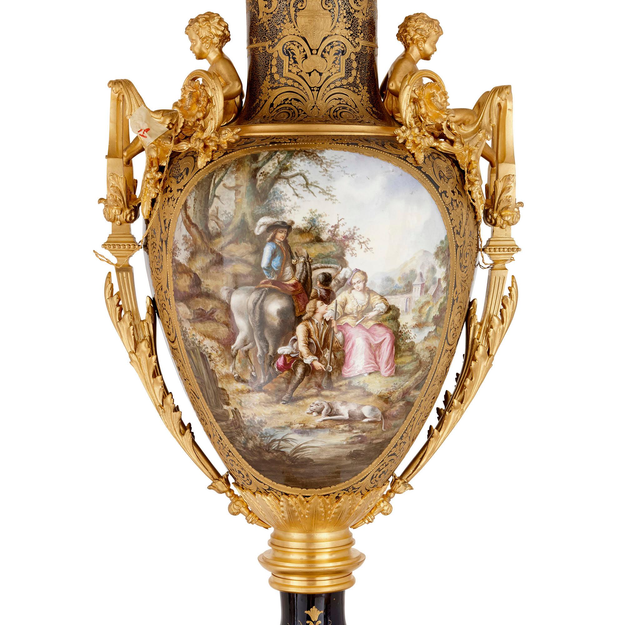 19th Century Three Large Sèvres Style Porcelain Vases with Gilt Bronze Pedestals