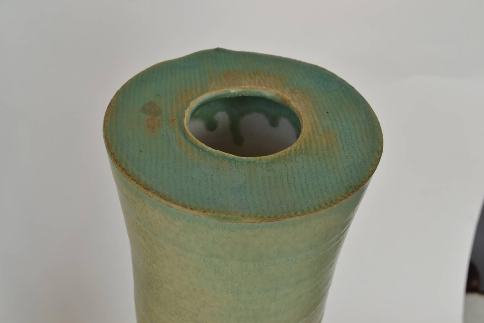 Three Large Organic Studio Pottery Vessels in Blue, Cream Glazes For Sale 4