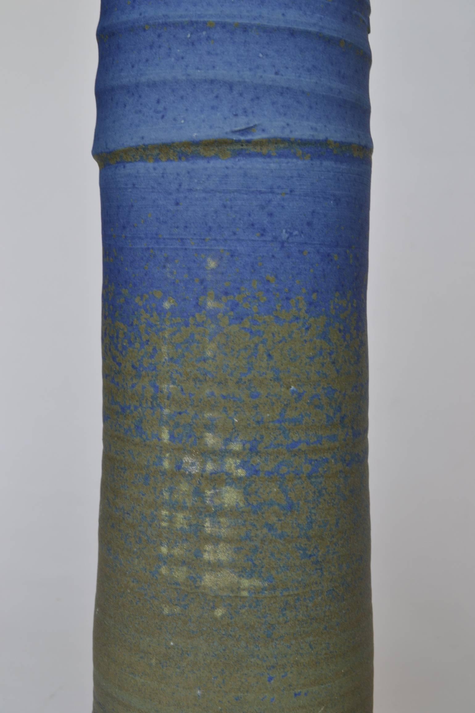Three Large Organic Studio Pottery Vessels in Blue, Cream Glazes For Sale 7