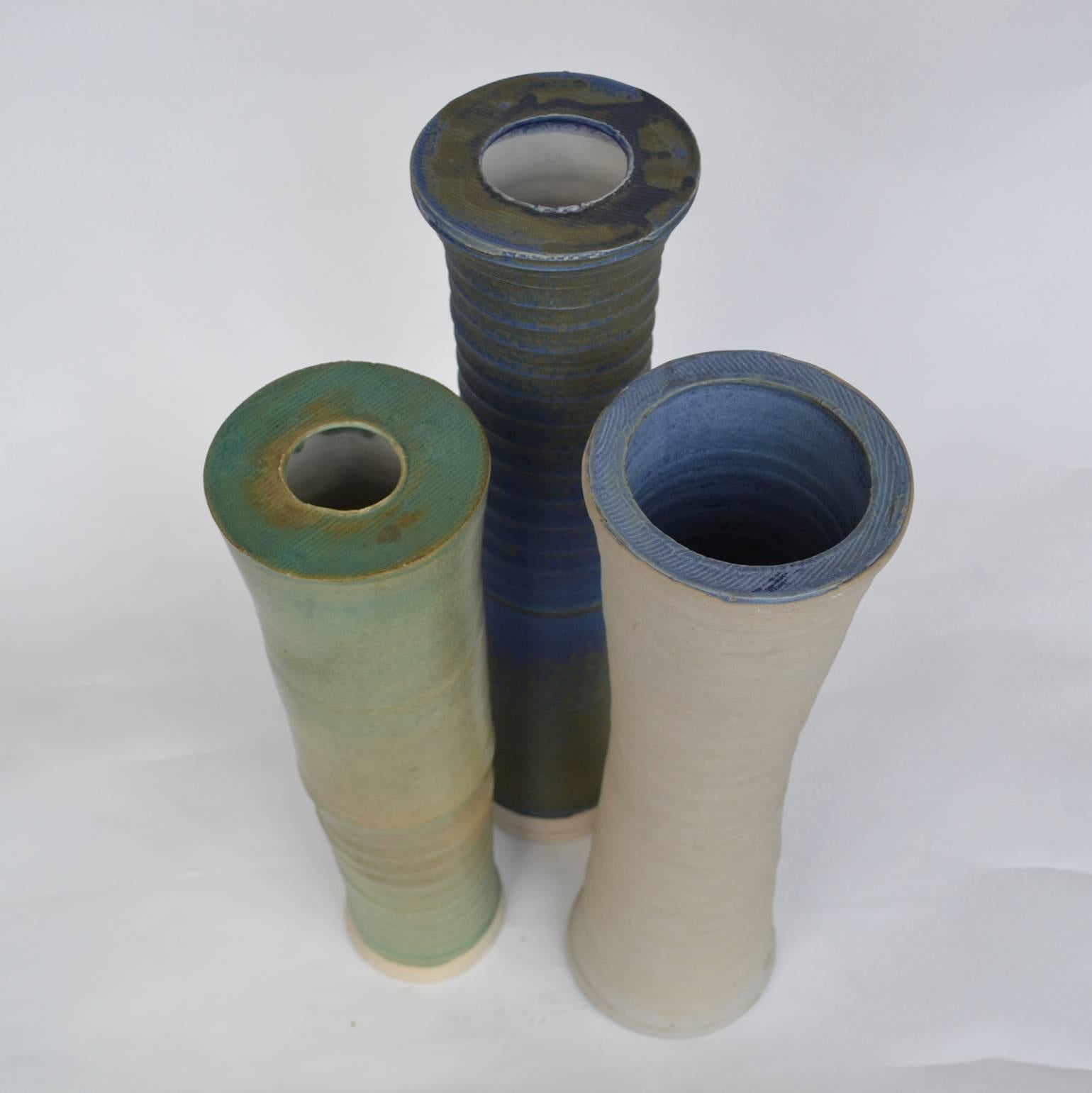 Three Large Organic Studio Pottery Vessels in Blue, Cream Glazes For Sale 10