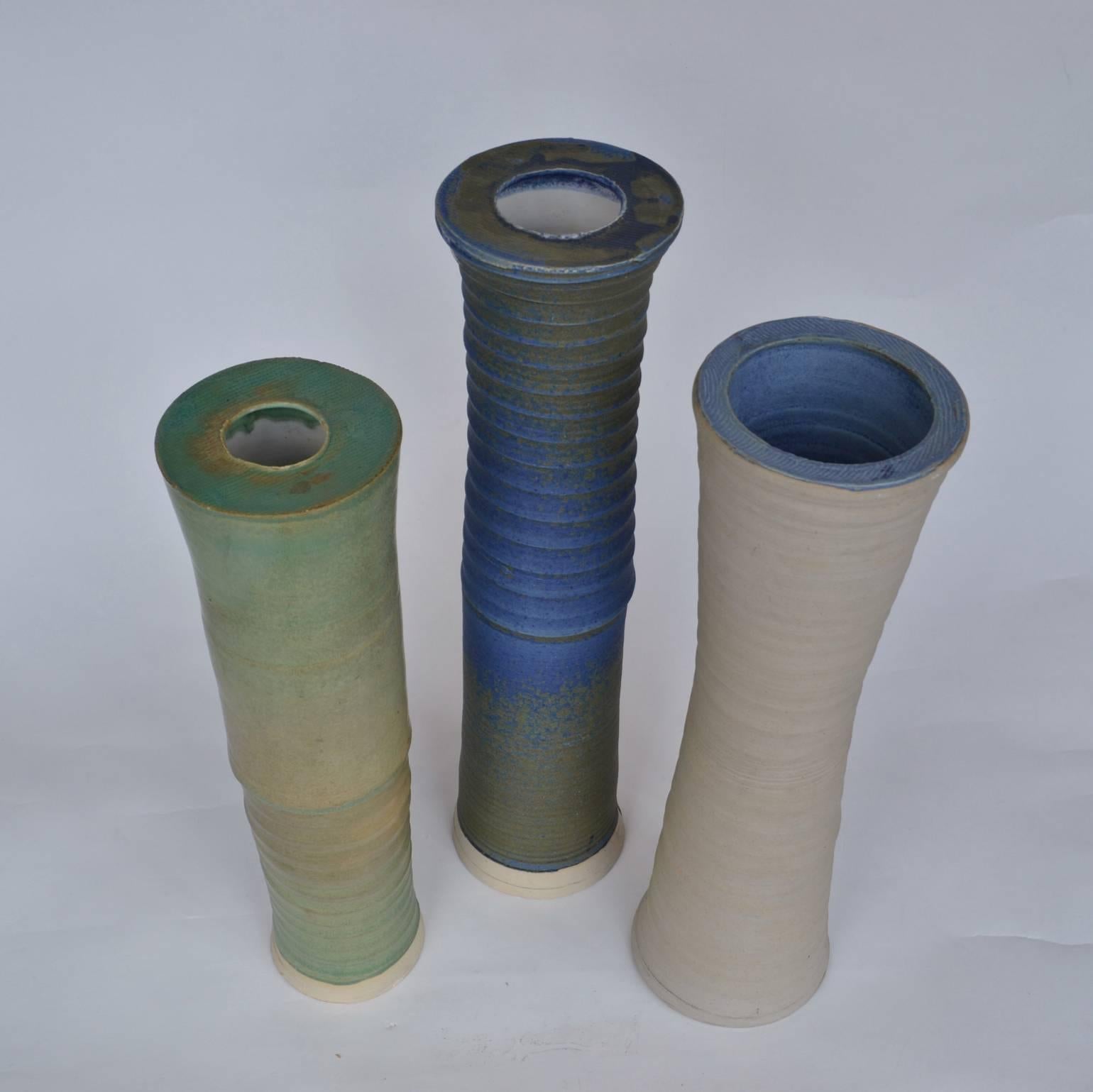 Three Large Organic Studio Pottery Vessels in Blue, Cream Glazes For Sale 11