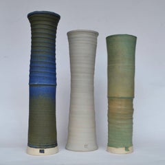 Three Large Organic Studio Pottery Vessels in Blue, Cream Glazes