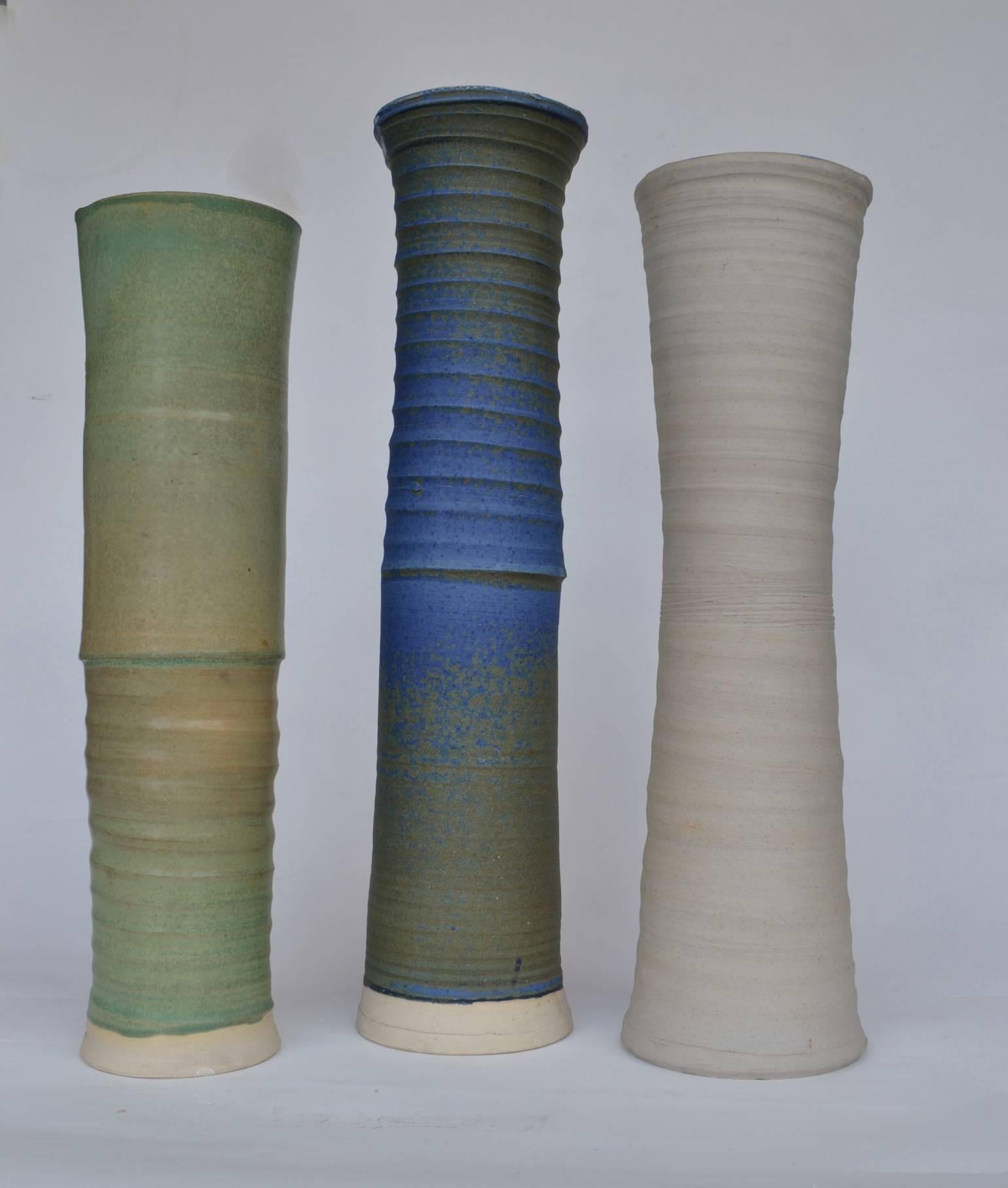 British Three Large Organic Studio Pottery Vessels in Blue, Cream Glazes For Sale