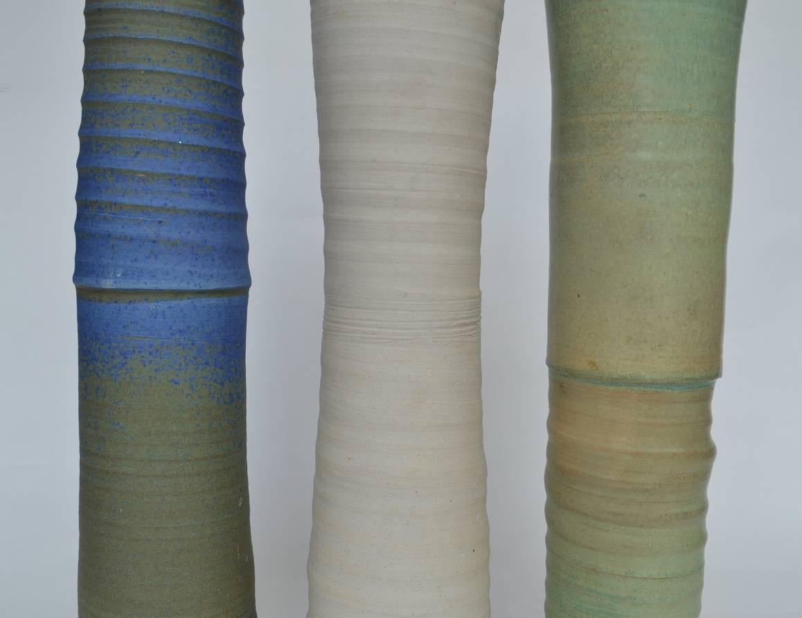 Hand-Crafted Three Large Organic Studio Pottery Vessels in Blue, Cream Glazes For Sale