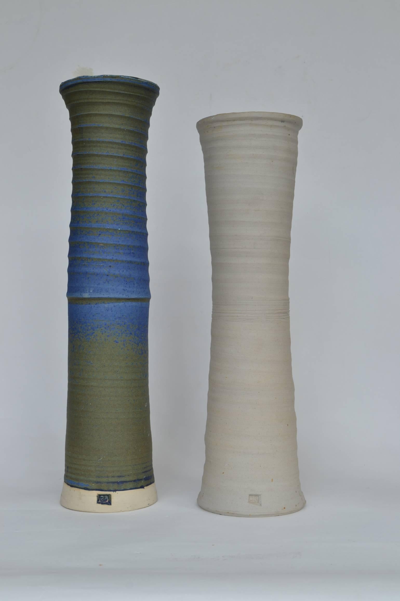 Three Large Organic Studio Pottery Vessels in Blue, Cream Glazes In Excellent Condition For Sale In London, GB