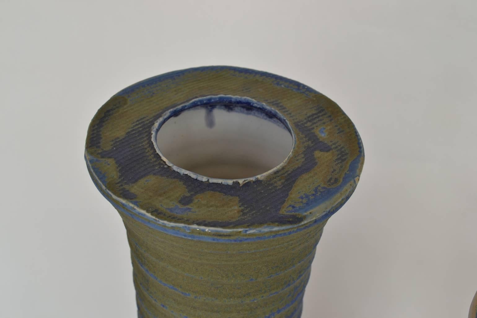 Ceramic Three Large Organic Studio Pottery Vessels in Blue, Cream Glazes For Sale