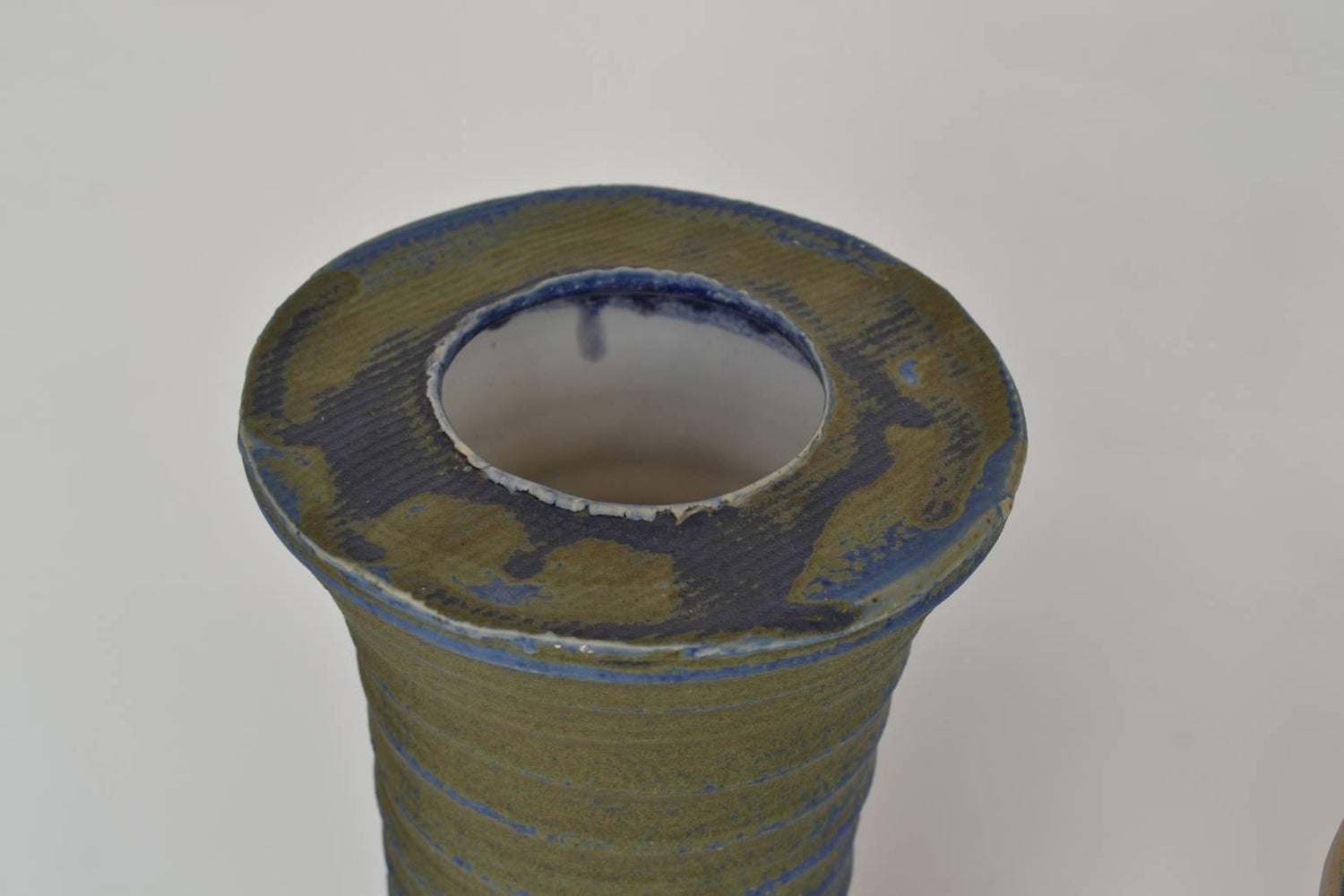 Three Large Studio Pottery Vessels In Blue Cream And Sand