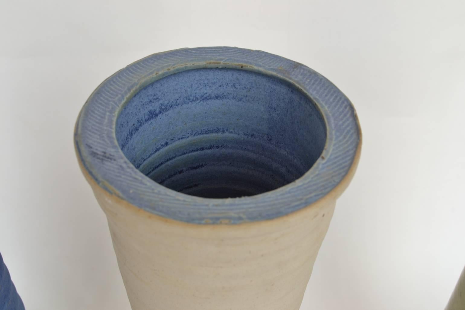 Three Large Organic Studio Pottery Vessels in Blue, Cream Glazes For Sale 2
