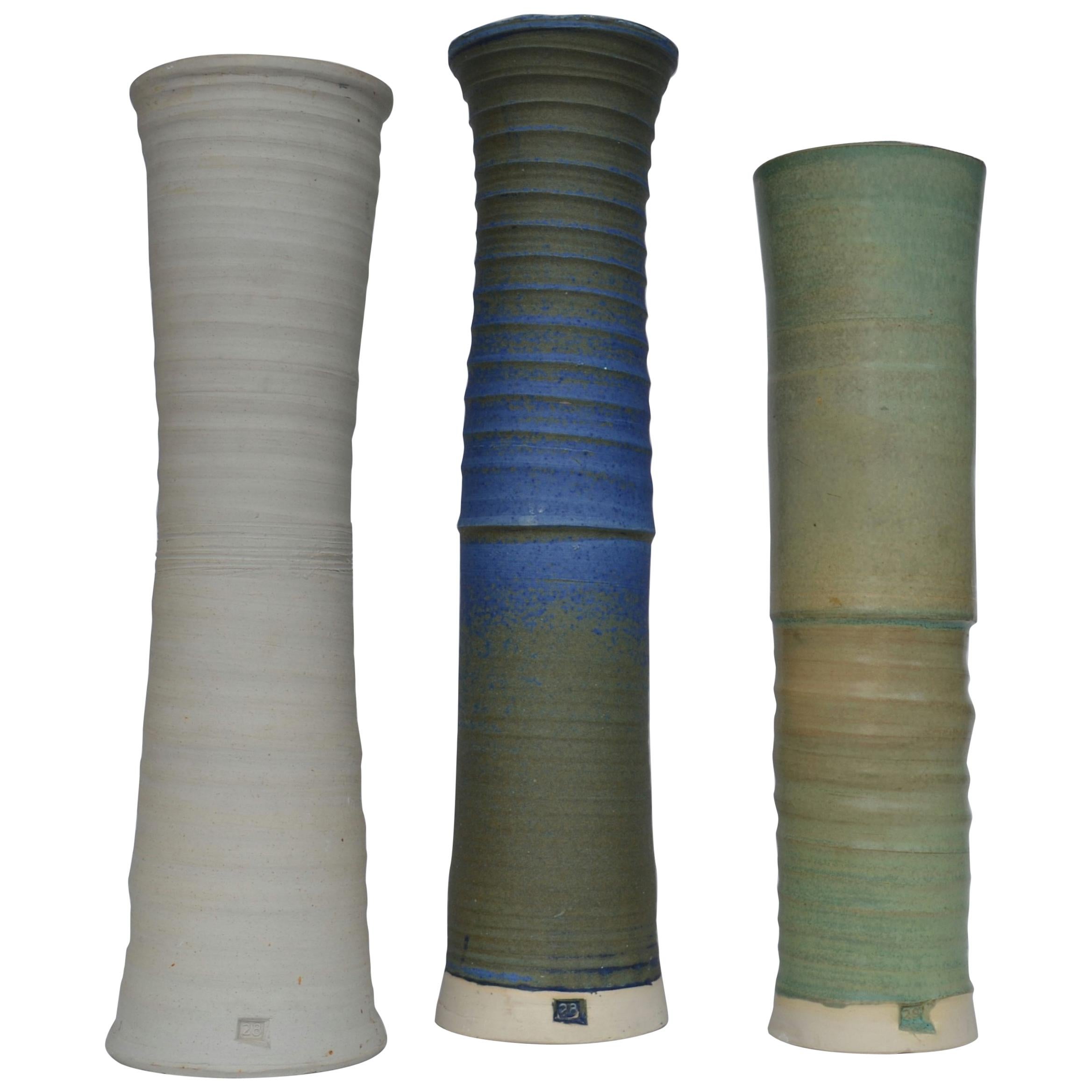 Three Large Organic Studio Pottery Vessels in Blue, Cream Glazes