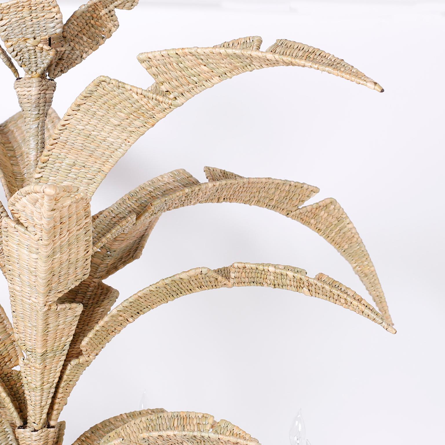 British Colonial Three Large Wicker Palm Leaf Chandeliers