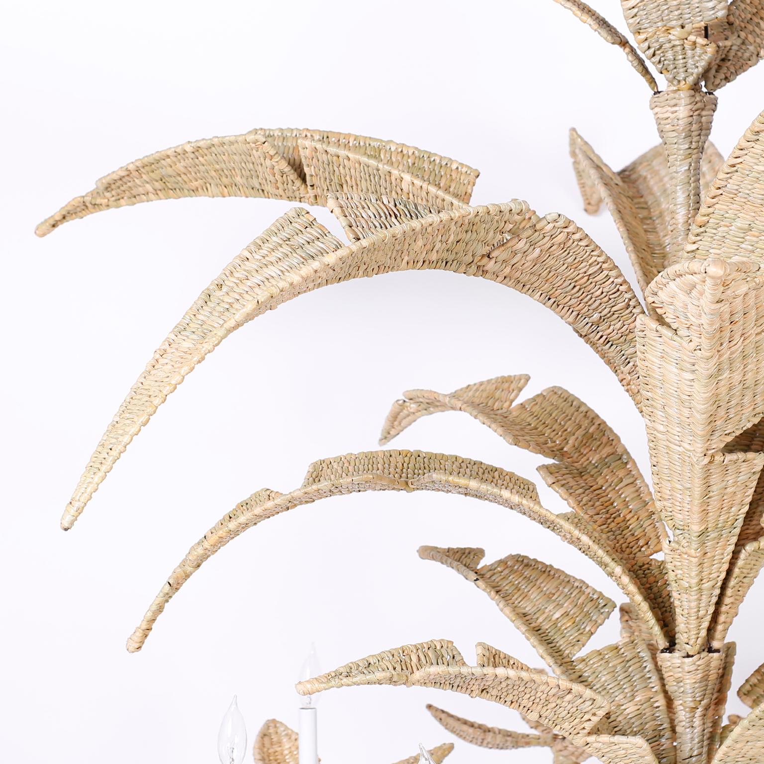 Mexican Three Large Wicker Palm Leaf Chandeliers