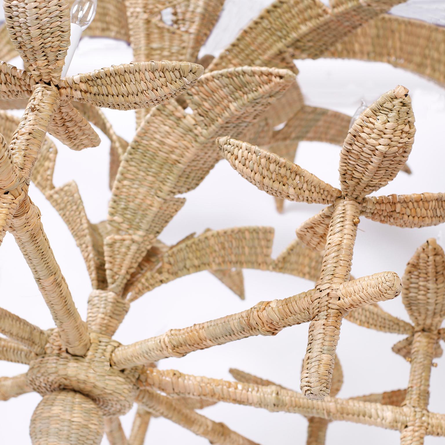 Three Large Wicker Palm Leaf Chandeliers In Good Condition In Palm Beach, FL