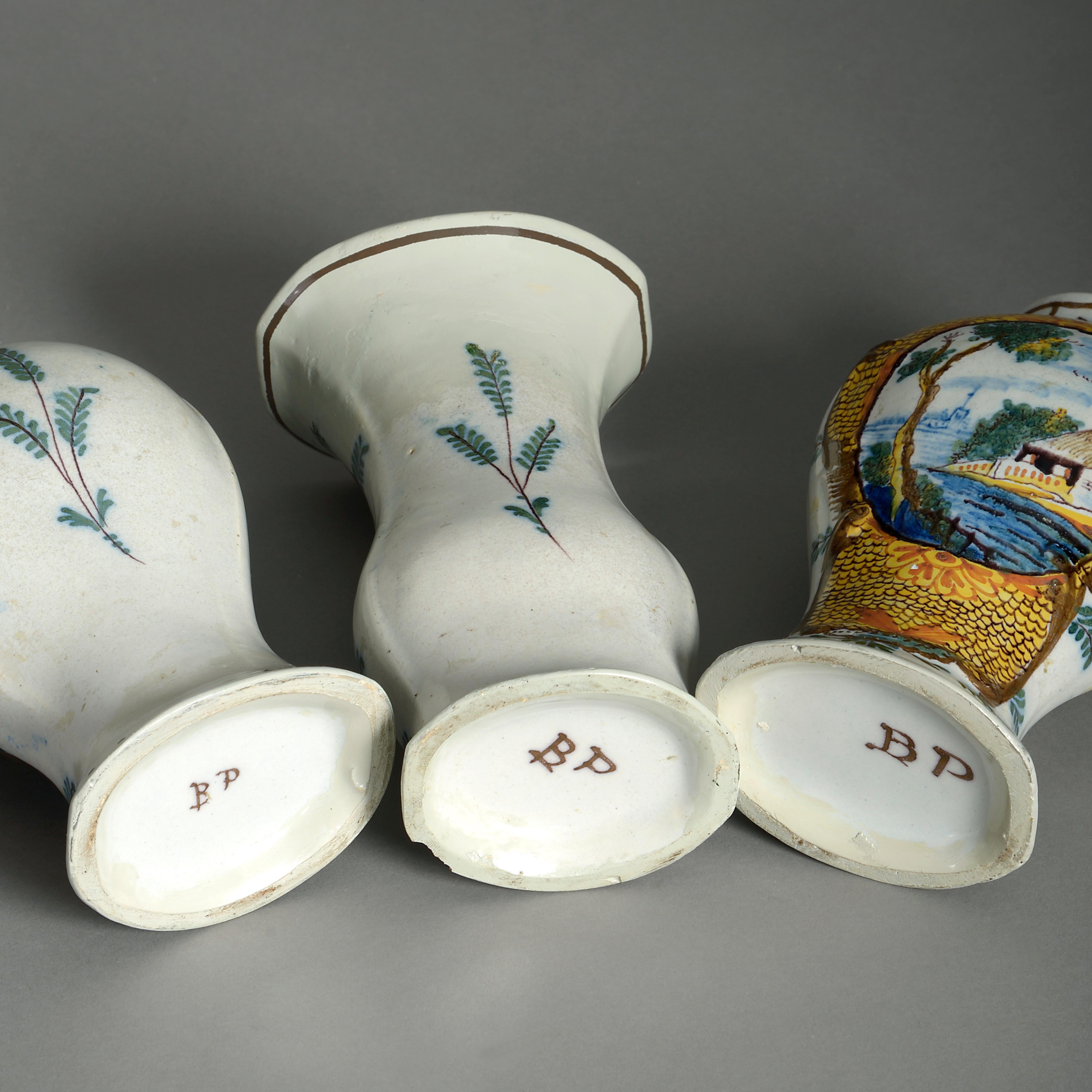 Hand-Painted Three Late 18th Century Delft Pottery Vases For Sale