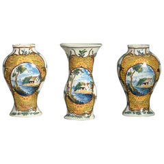 Antique Three Late 18th Century Delft Pottery Vases