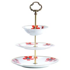 Vintage Three Layer Cake Stand In Brass And Porcelaine, Czechoslovakia, Circa 1950