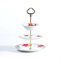 Three Layer Cake Stand in Brass and Porcelain, Czechoslovakia, circa 1960
