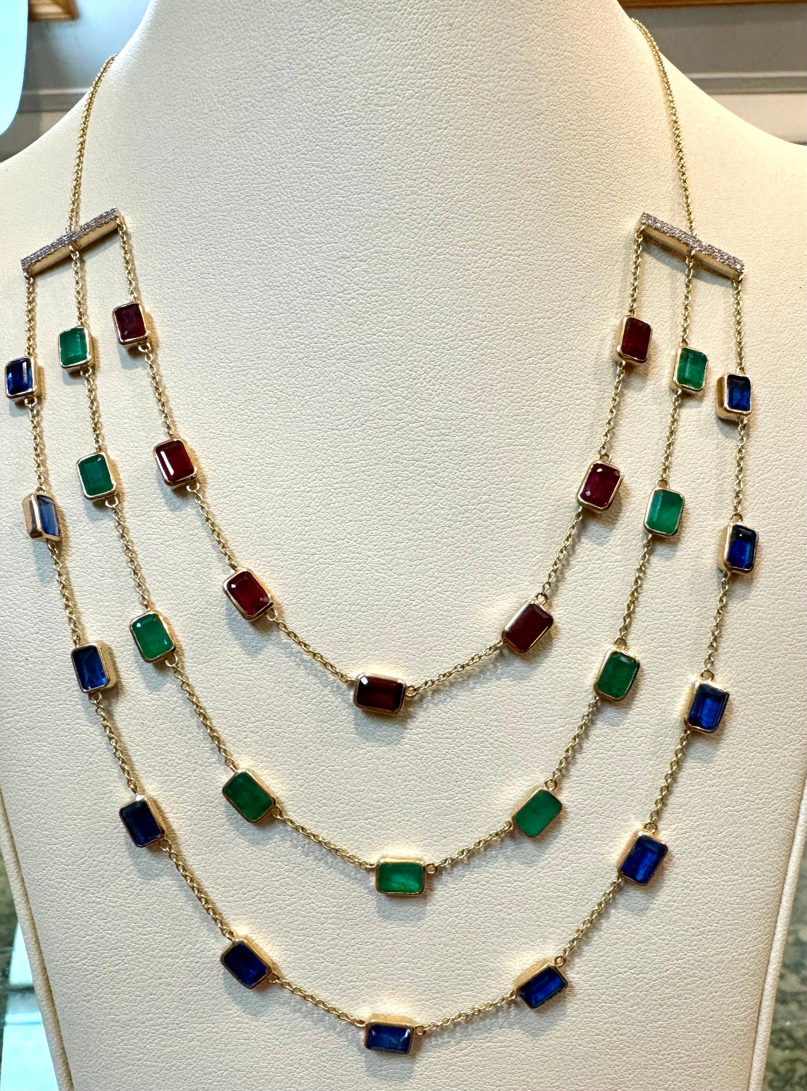 Three Layer Necklace With Emerald , Ruby & Kyanite with Diamond Bar, 14 KYG 15Gm For Sale 5