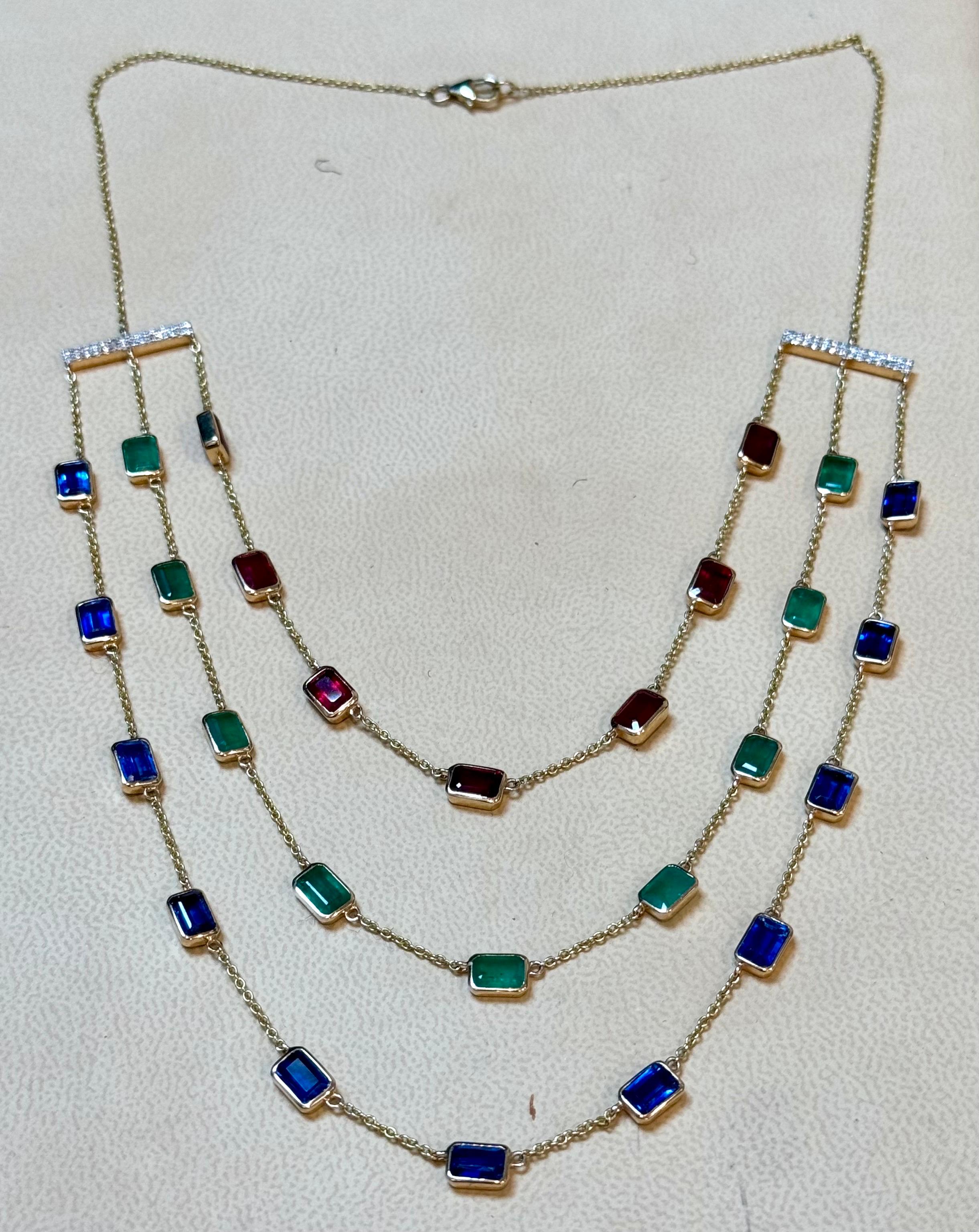Three Layer Necklace With Emerald , Ruby & Kyanite with Diamond Bar, 14 KYG 15Gm For Sale 6