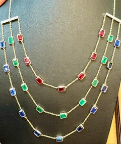 Three Layer Necklace With Emerald , Ruby & Kyanite with Diamond Bar, 14 KYG 15Gm
