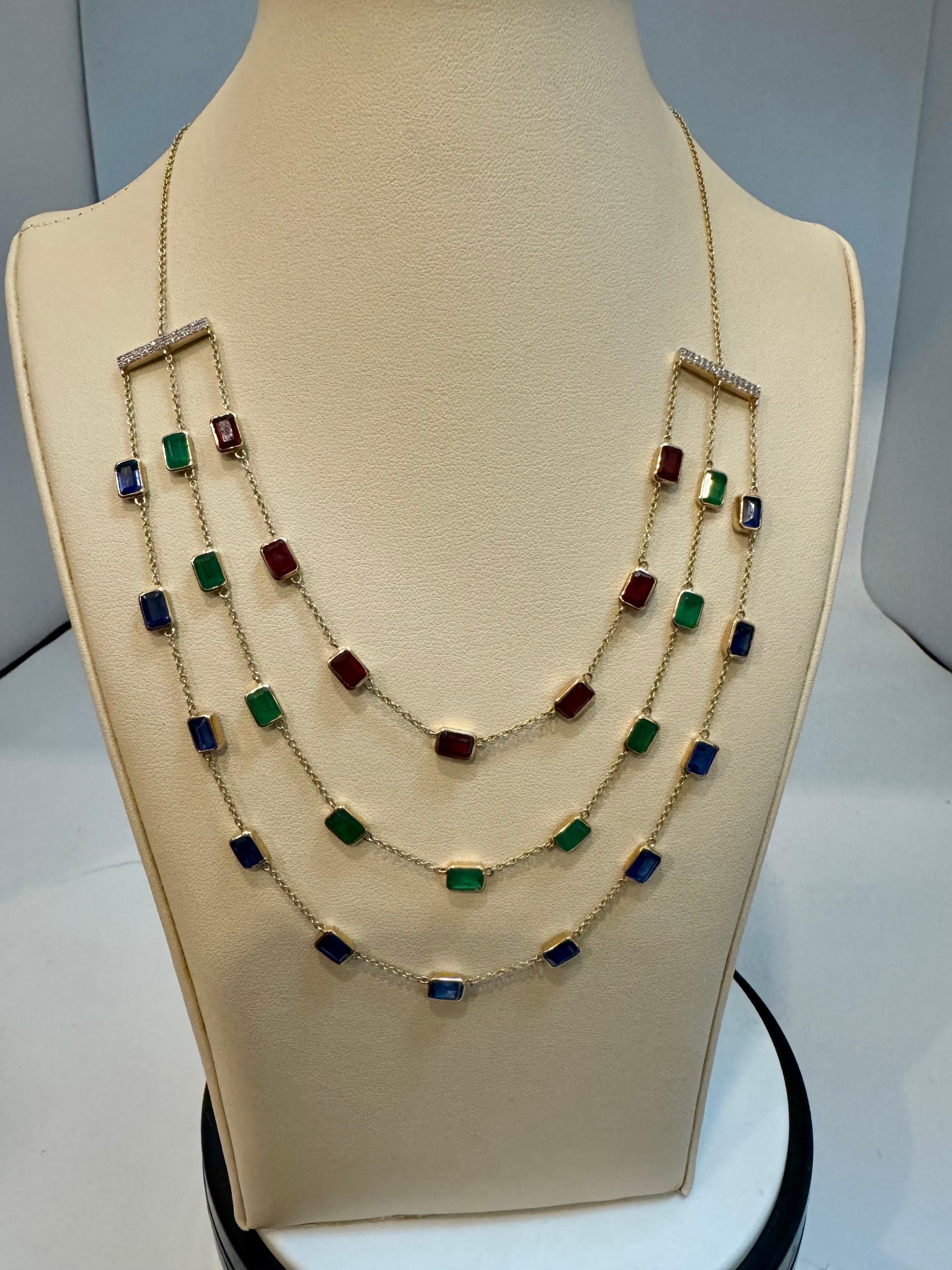 Round Cut Three Layer Necklace With Emerald , Ruby & Kyanite with Diamond Bar, 14 KYG 15Gm For Sale