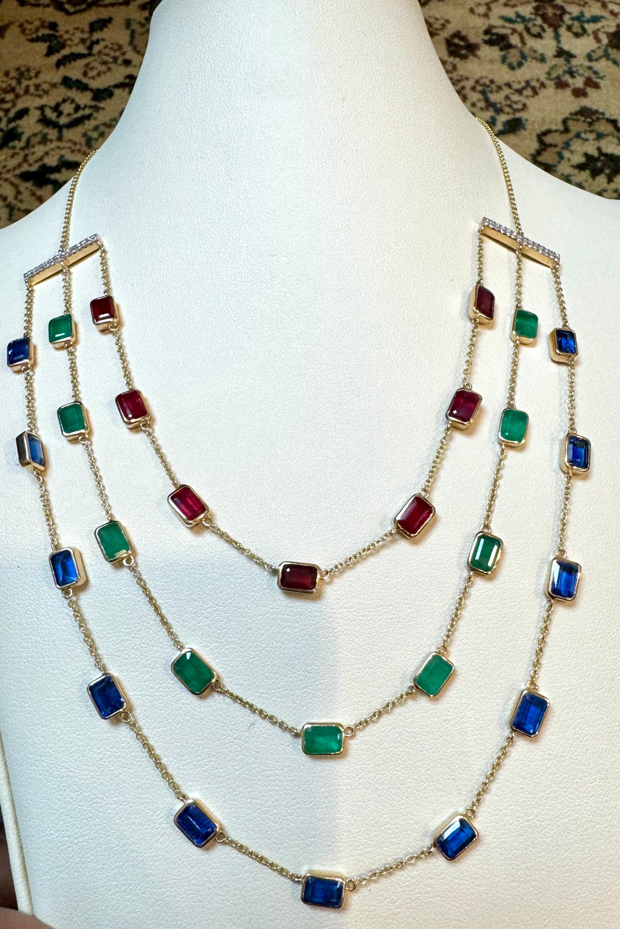 Three Layer Necklace With Emerald , Ruby & Kyanite with Diamond Bar, 14 KYG 15Gm In Excellent Condition For Sale In New York, NY