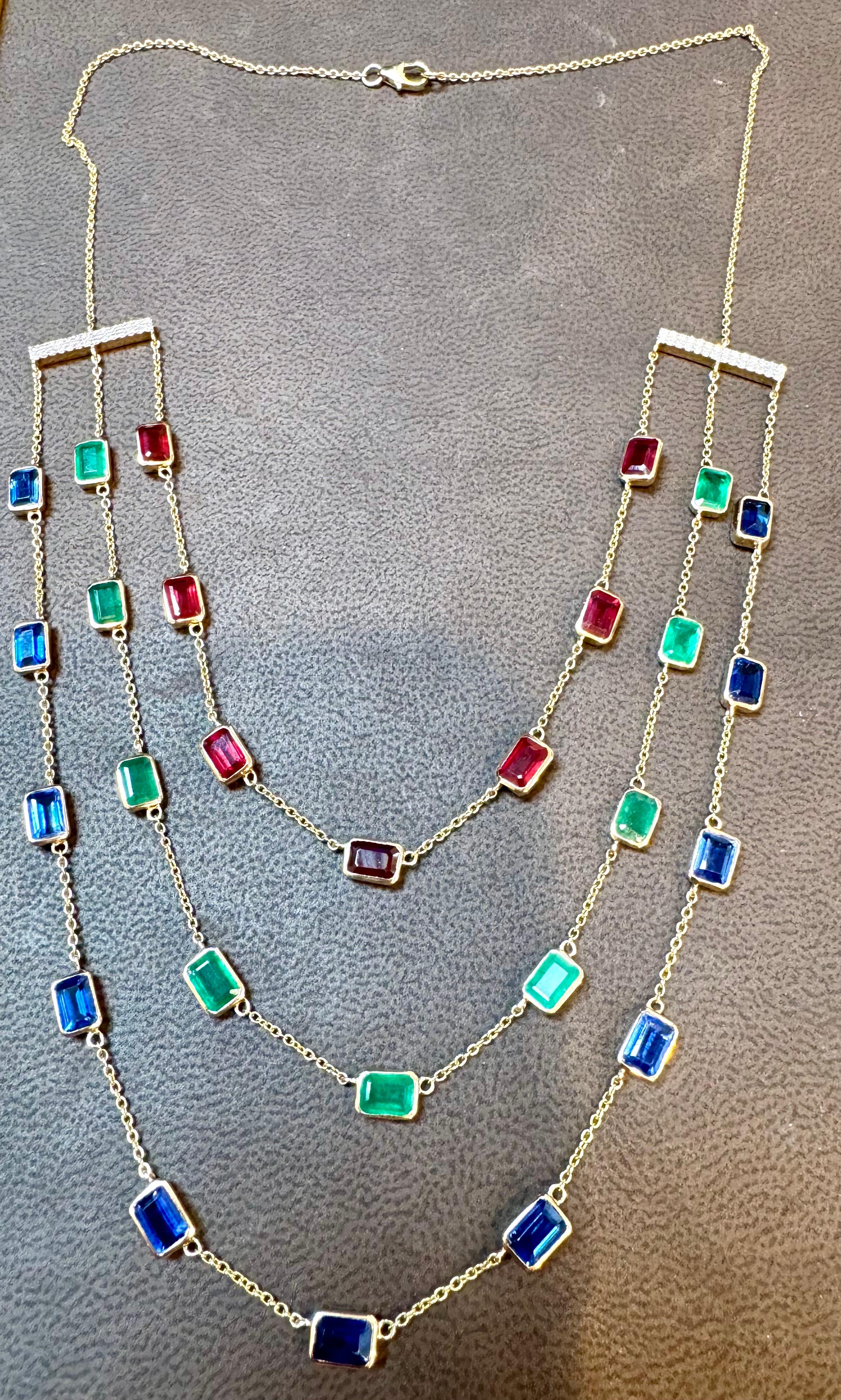 Women's Three Layer Necklace With Emerald , Ruby & Kyanite with Diamond Bar, 14 KYG 15Gm For Sale