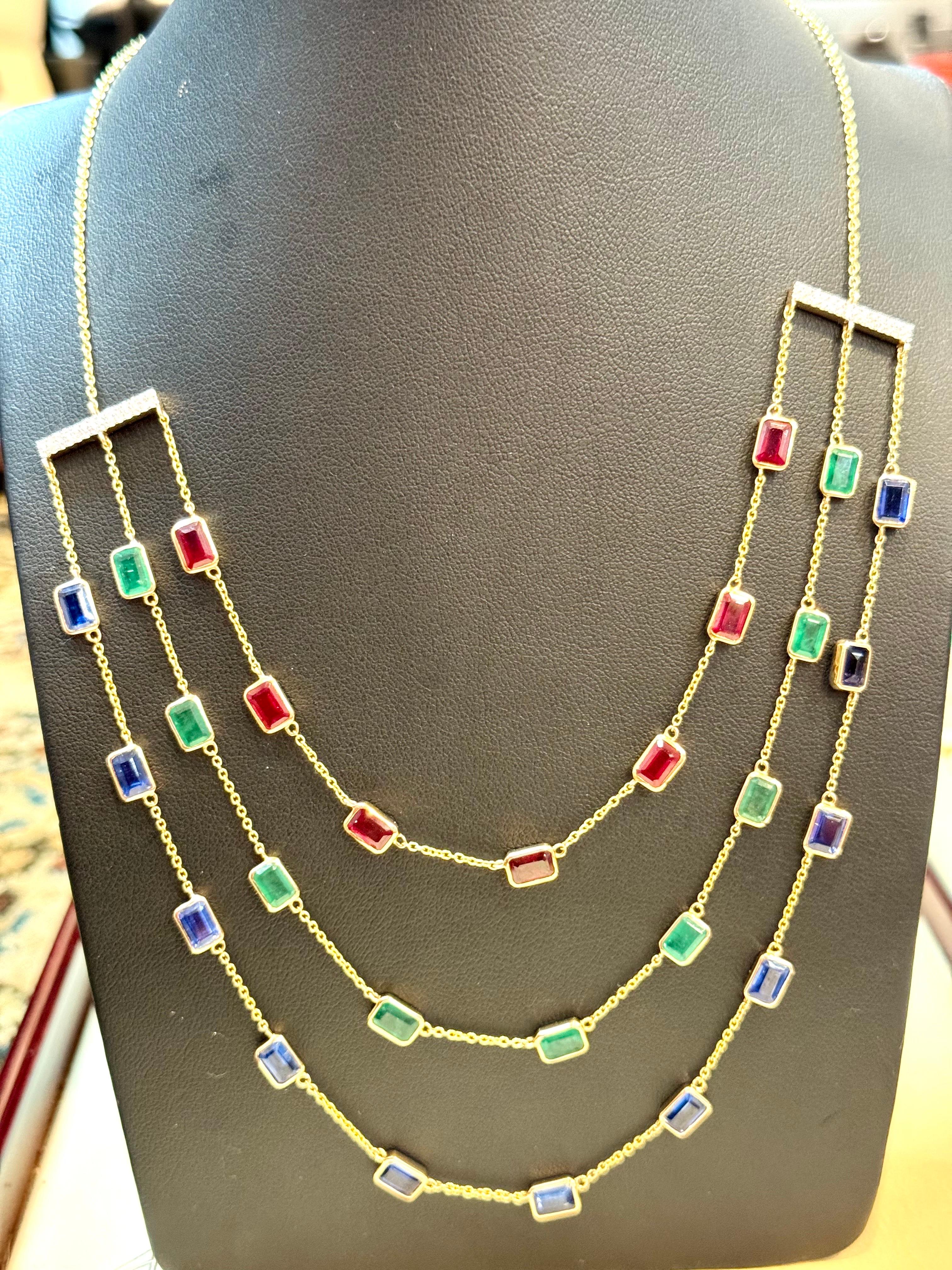 Three Layer Necklace With Emerald , Ruby & Kyanite with Diamond Bar, 14 KYG 15Gm For Sale 2