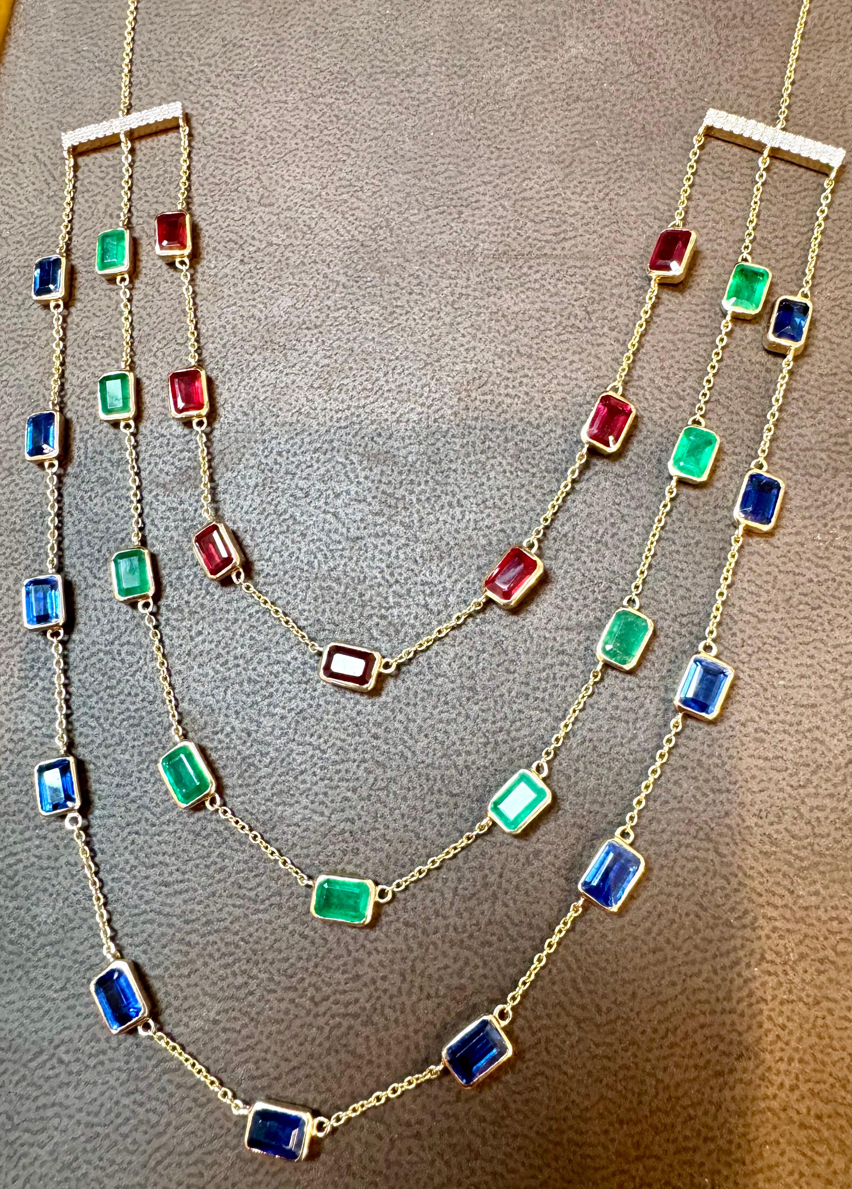 Three Layer Necklace With Emerald , Ruby & Kyanite with Diamond Bar, 14 KYG 15Gm For Sale 3