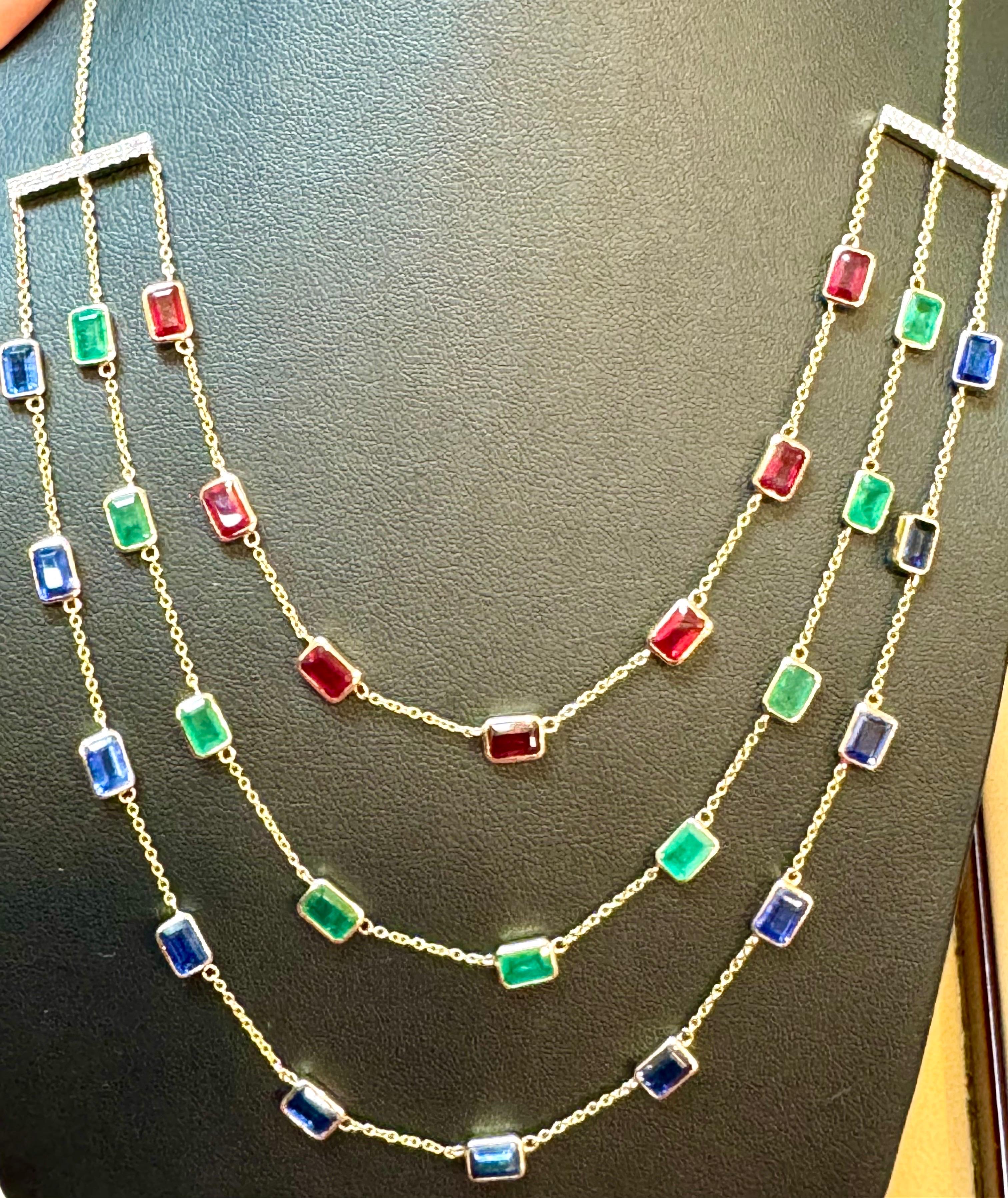 Three Layer Necklace With Emerald , Ruby & Kyanite with Diamond Bar, 14 KYG 15Gm For Sale 4