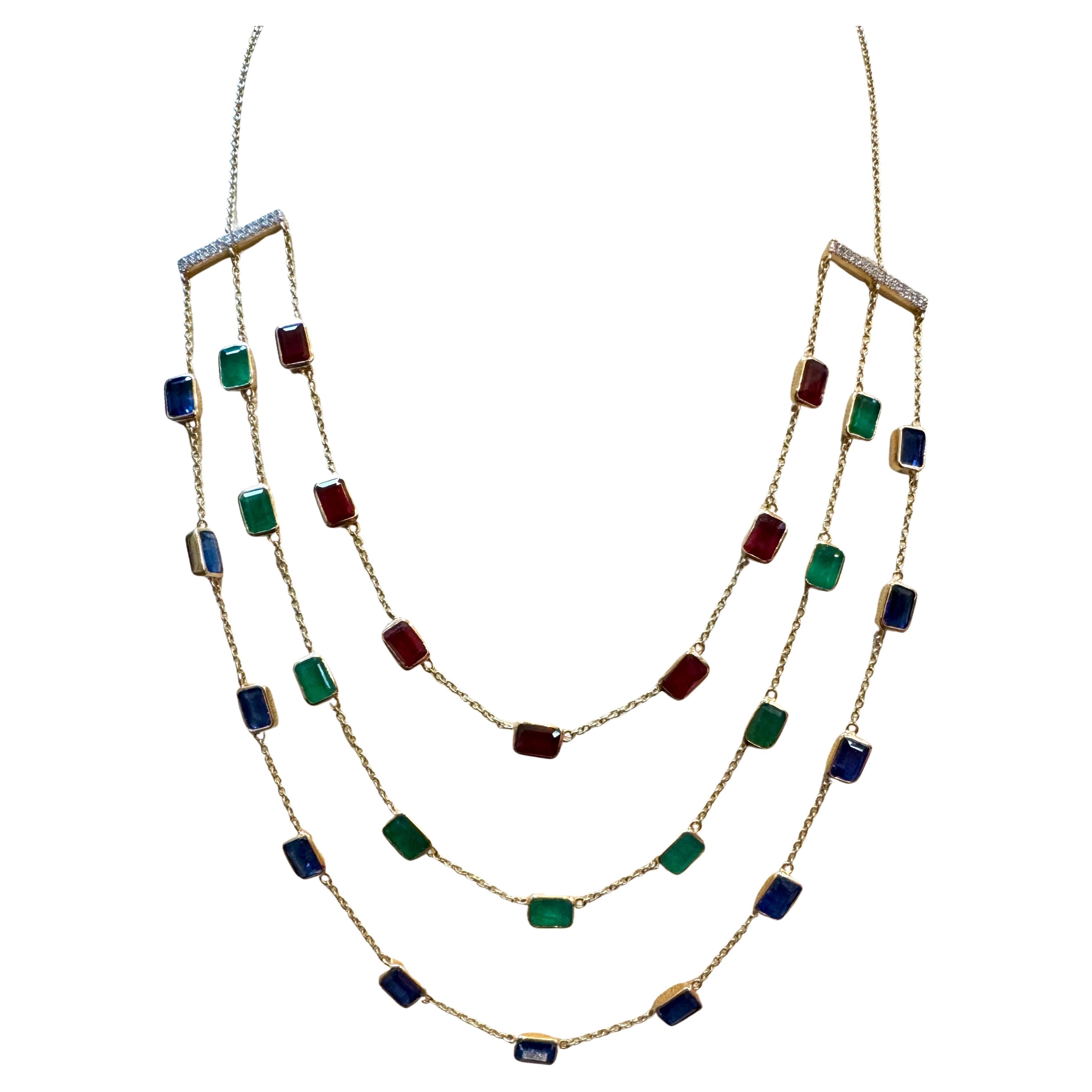 Three Layer Necklace With Emerald , Ruby & Kyanite with Diamond Bar, 14 KYG 15Gm