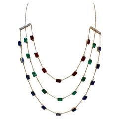Collier à trois niveaux avec émeraude, rubis et Kyanite et barre de diamants 14 carats 15 grammes