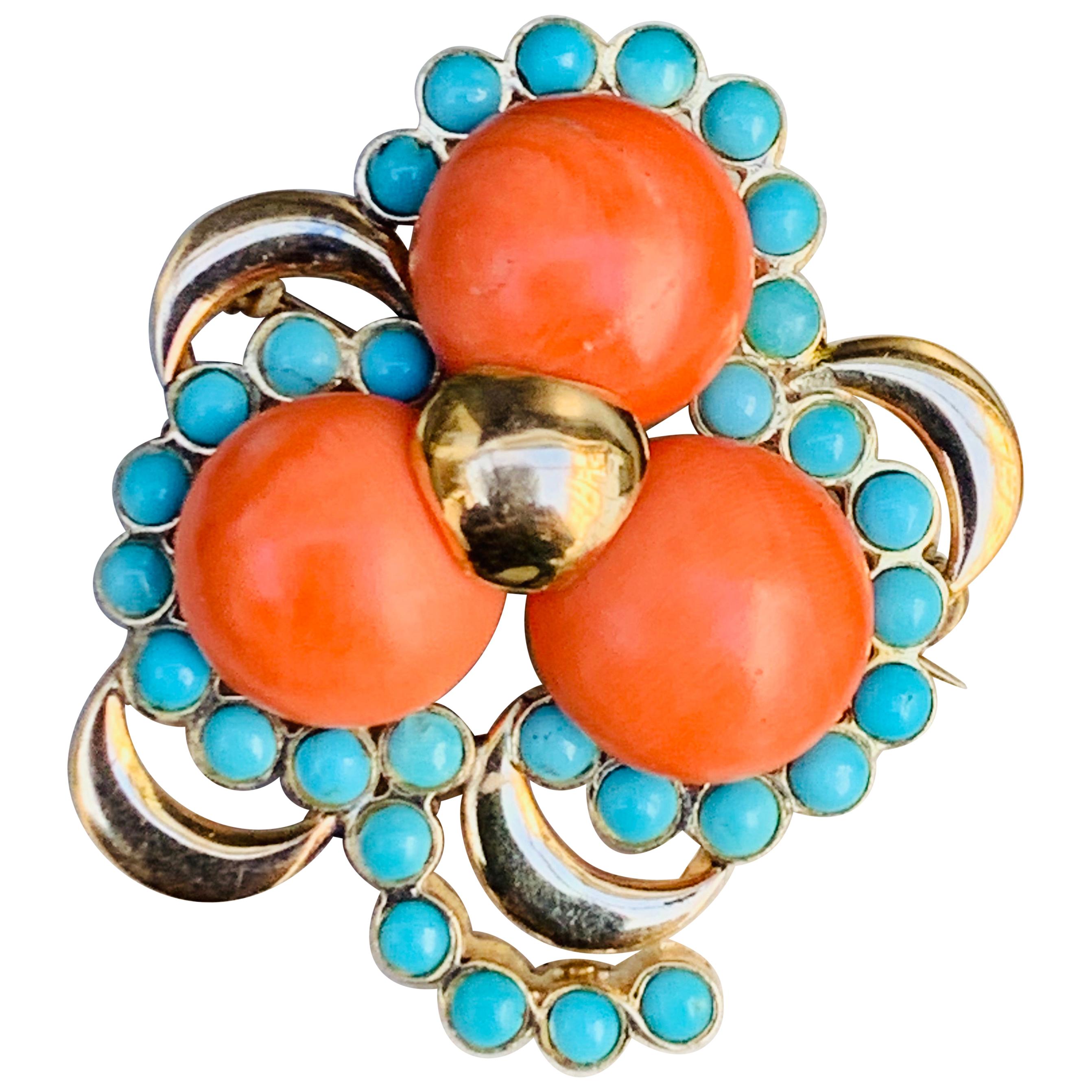 Three Leaf Clover Coral Turquoise Gold Brooch, Italy For Sale