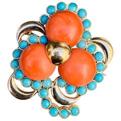 Three Leaf Clover Coral Turquoise Gold Brooch, Italy