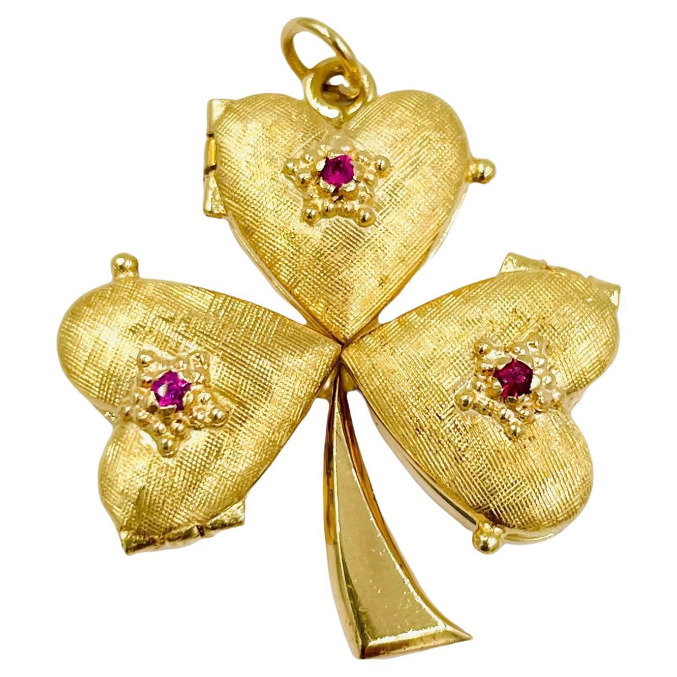 Three Leaf Clover Heart Shaped Lockets Gold Pendant