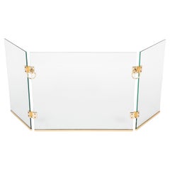 Retro Three Leaf Glass & Brass Fire Screen Attributed to Jacques Adnet
