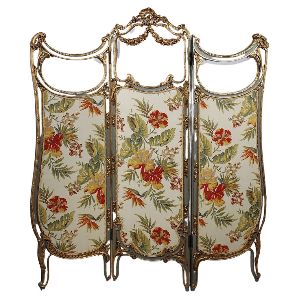 Three-leaf Louis XV style screen in molded wood and embroidered fabric