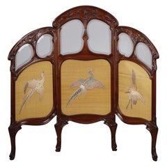 Three-Leaf Silk and Wood Screen 1900, Stamped Felix Bernard