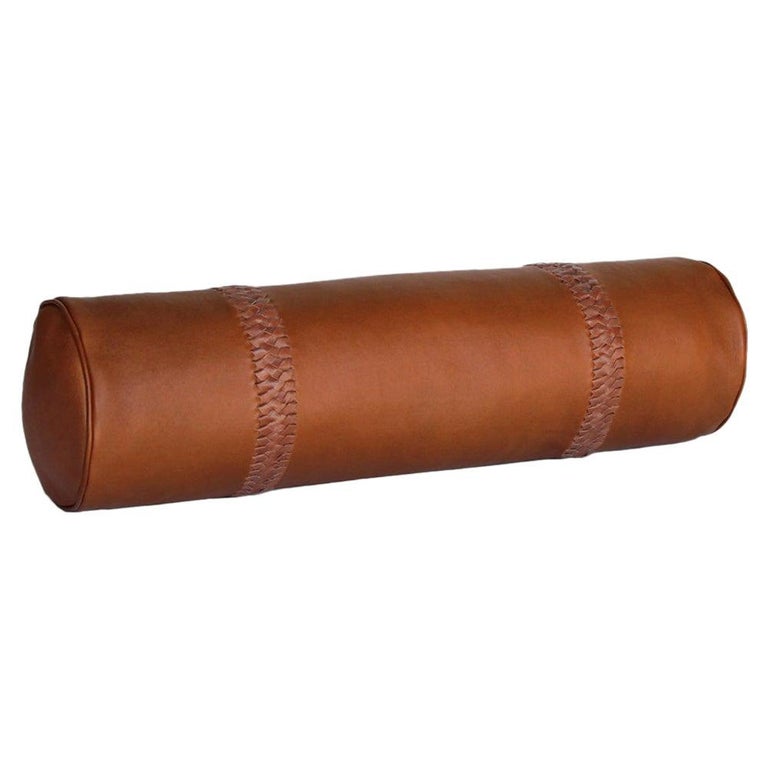 Three Leather Bolster Pillows Braided, Brown Leather Bolster Cushions