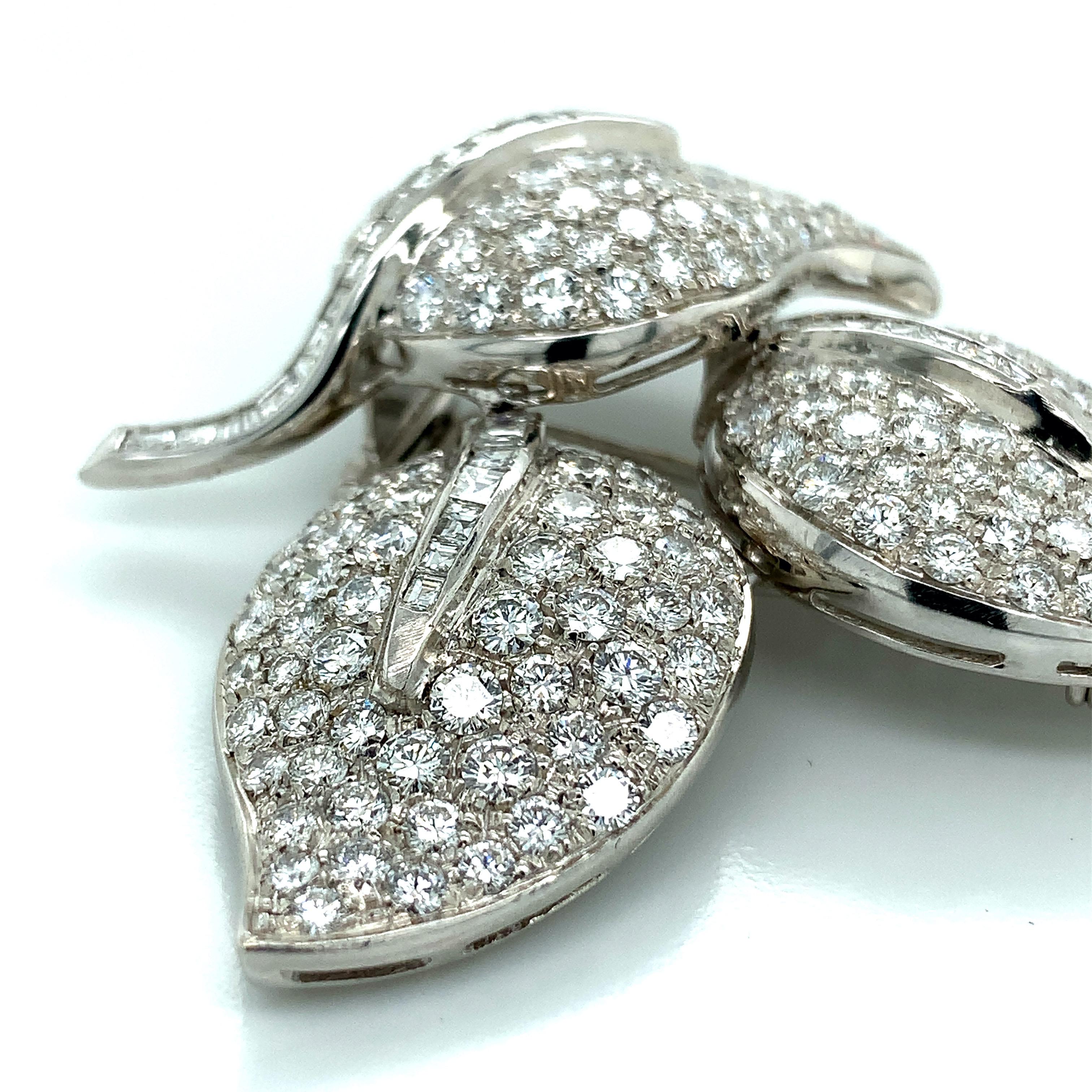 Women's or Men's Three Leaves Diamond White Gold Brooch For Sale