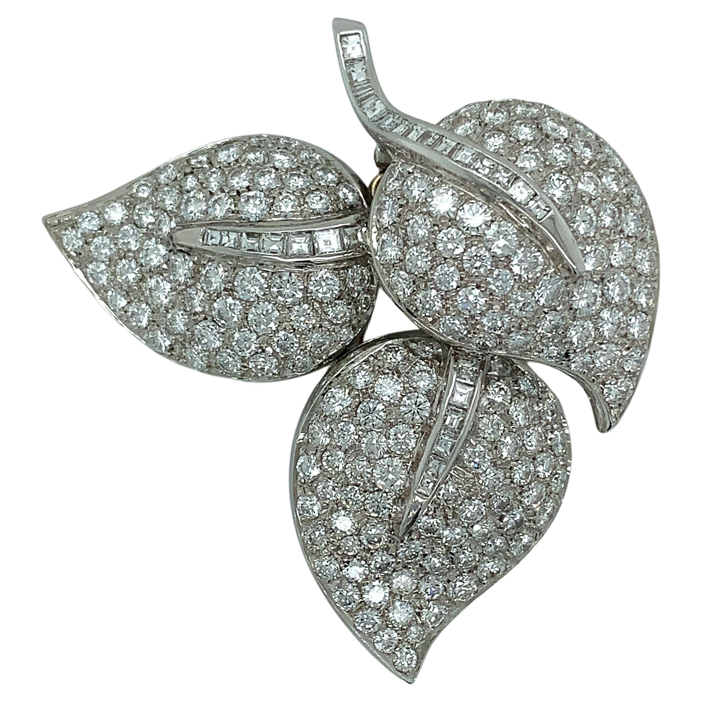 Three Leaves Diamond White Gold Brooch For Sale