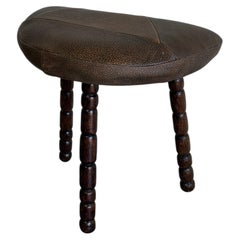 Three-Leg Brown Leather Ottoman Footstool Danish Mid-Century Modern 1970s