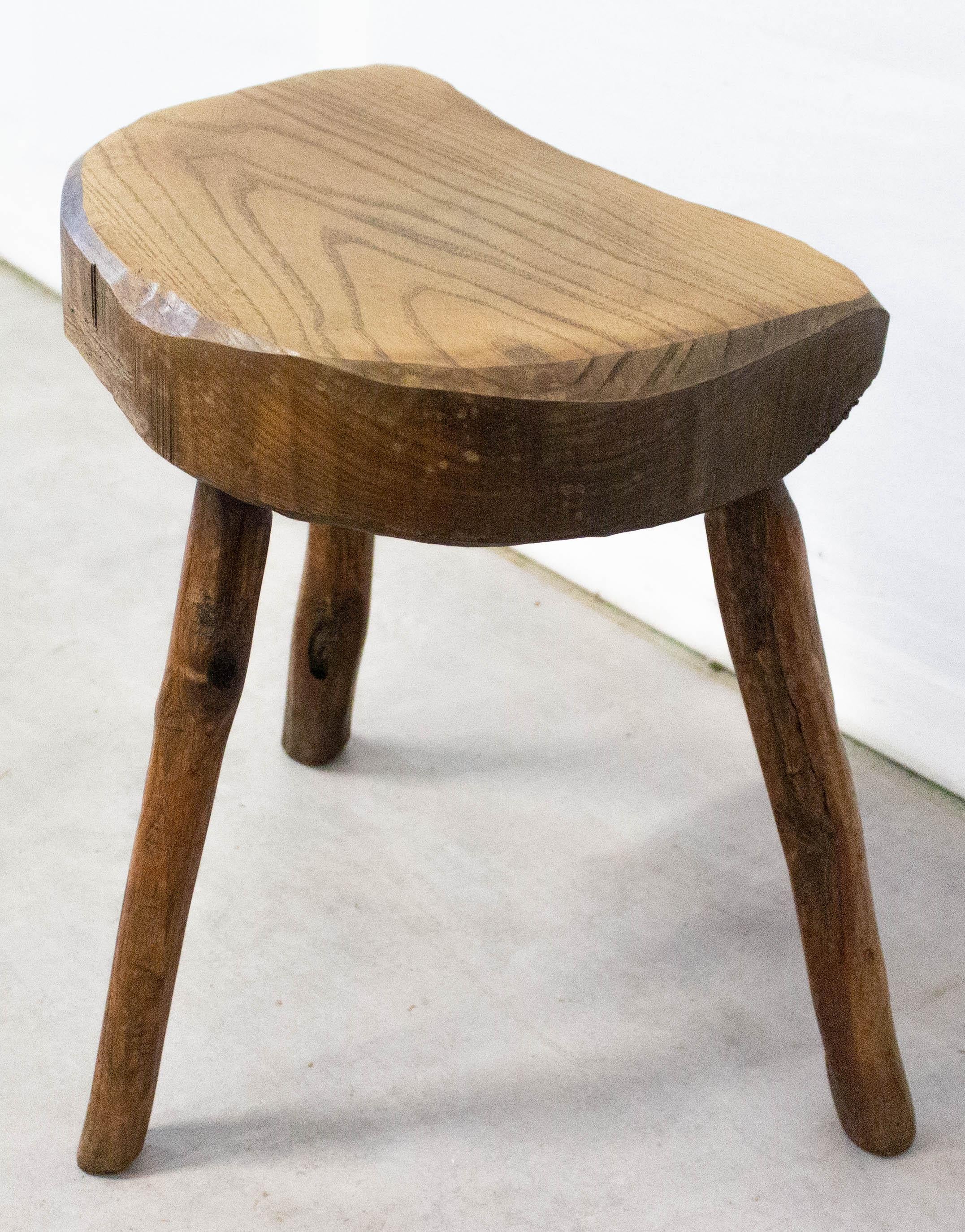 French Provincial Three-Leg Elm Brutalist Stool or Milking Stool Midcentury French