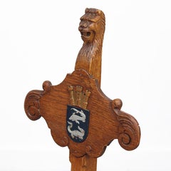 Three-legged Antique Oak Hall Chair with Lion and Shield