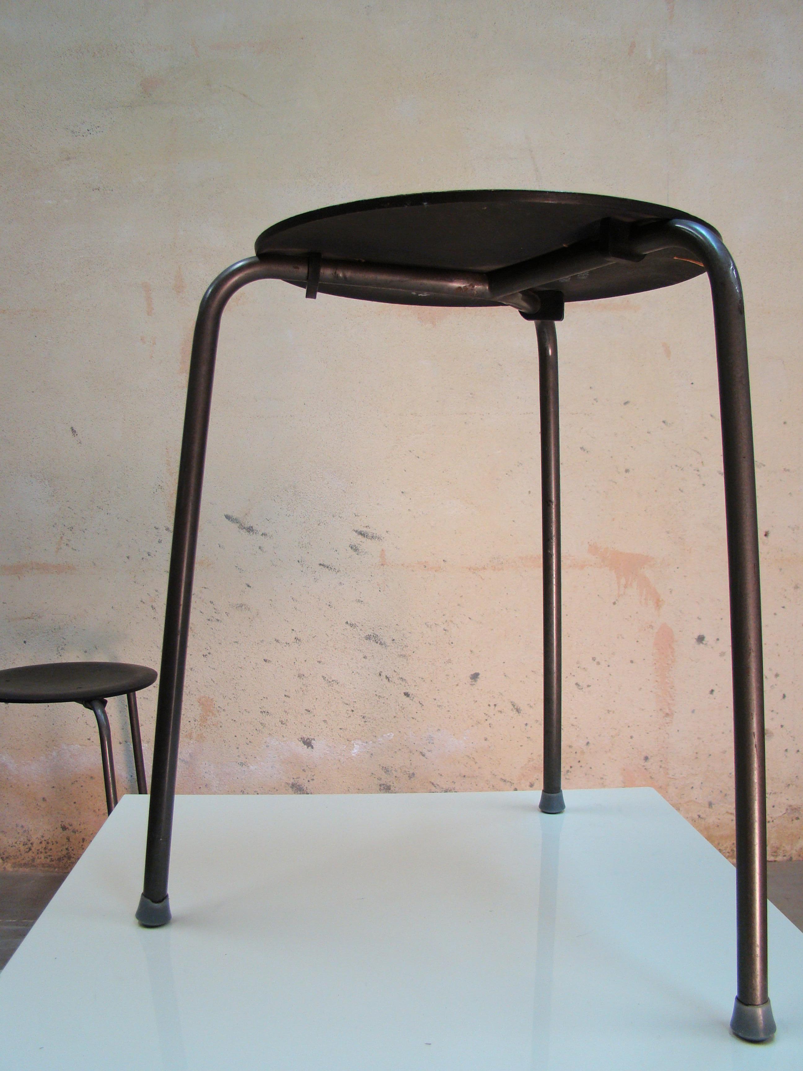 Metal Three-Legged Danish Stacking Stool of Molded Plywood
