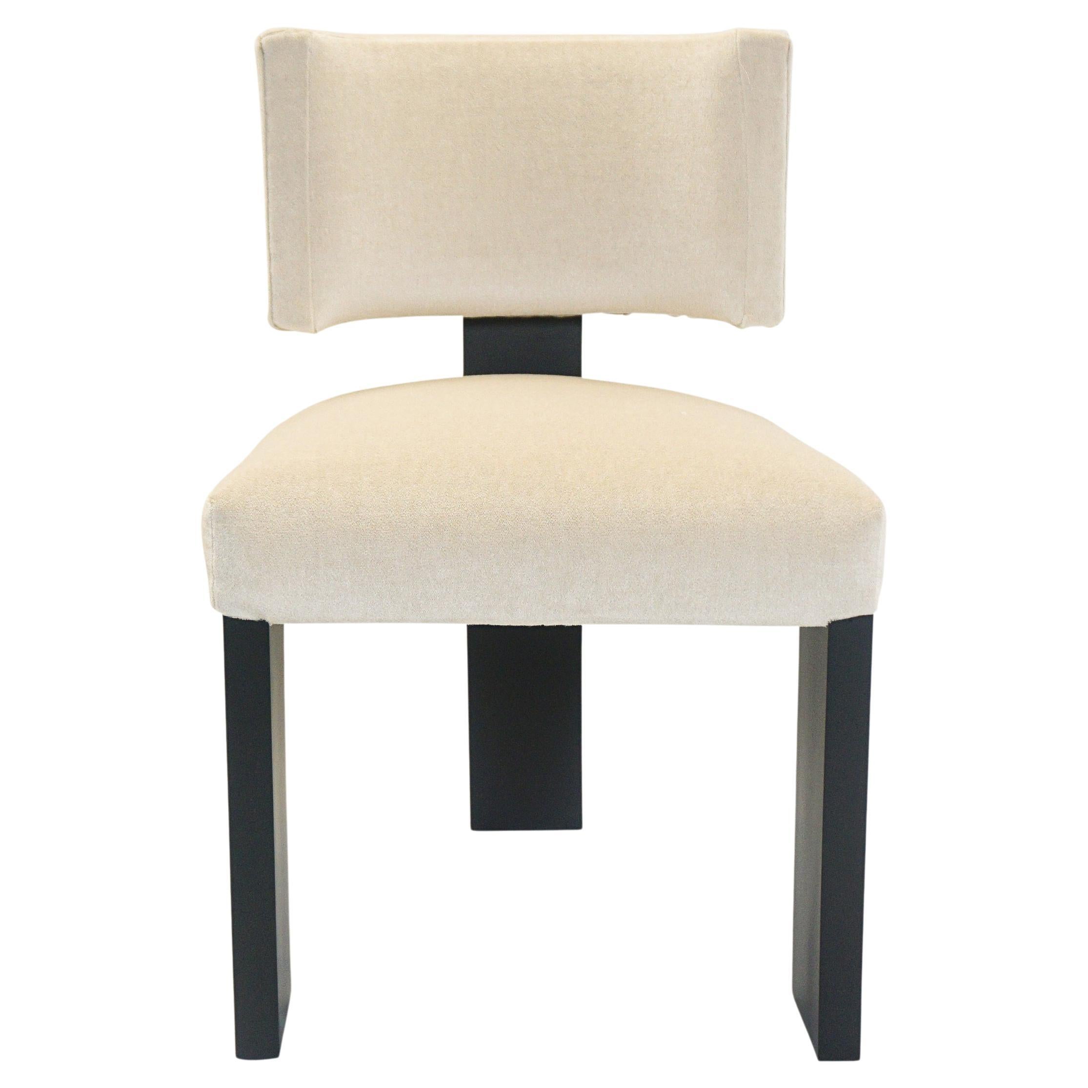 Three Legged Dining Chair with Blackened Wood and Beige Velvet For Sale