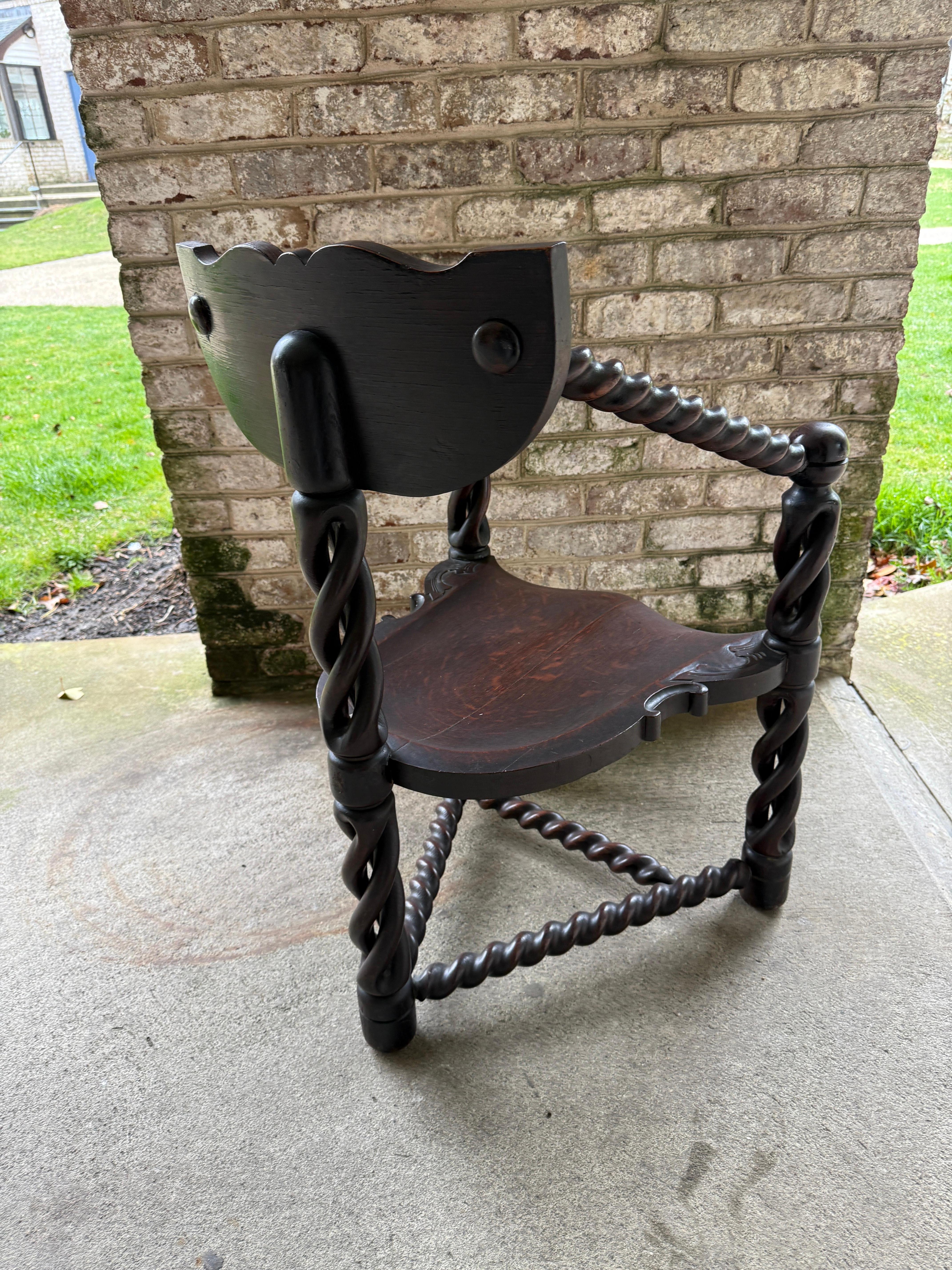 Mahogany Three Legged Jacobean Style Chair Attributed to  R.J. Horner C. 1890 For Sale