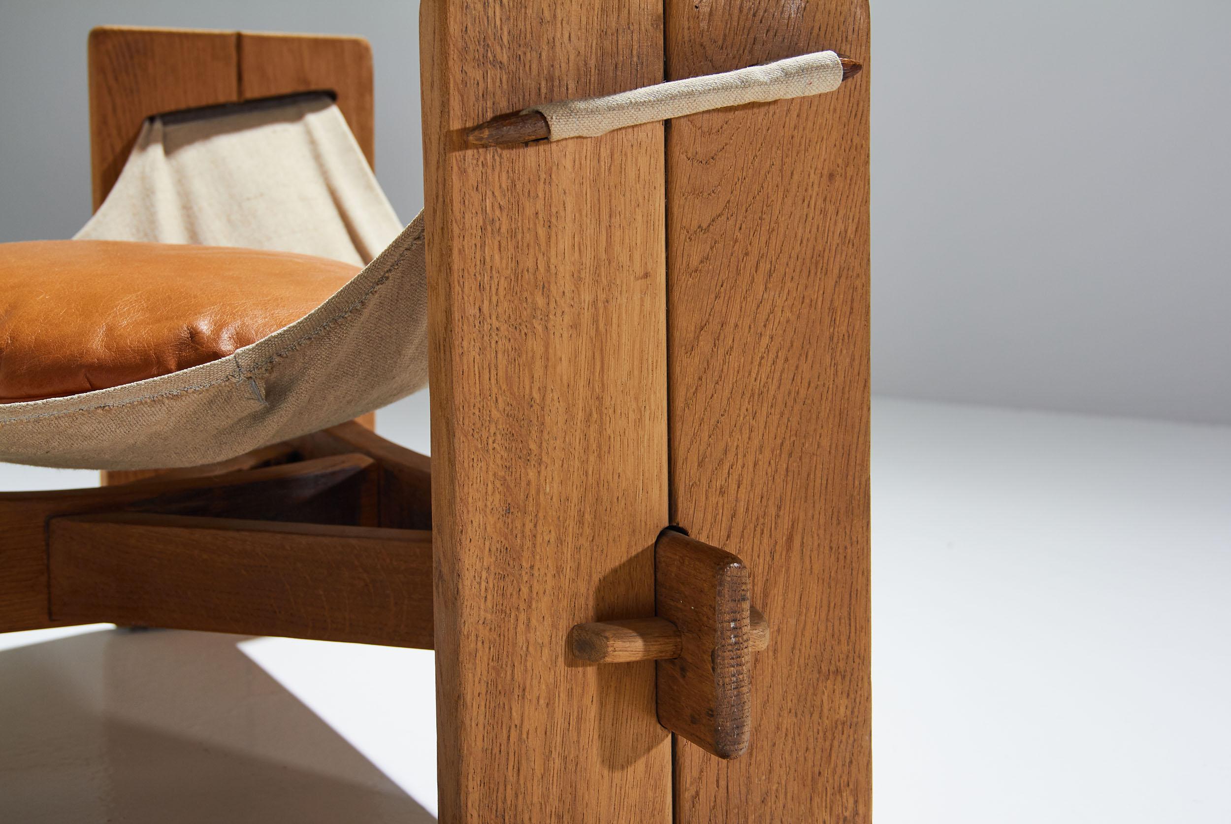 Three Legged Oak Sling Chair, ca 1960-1970s 4